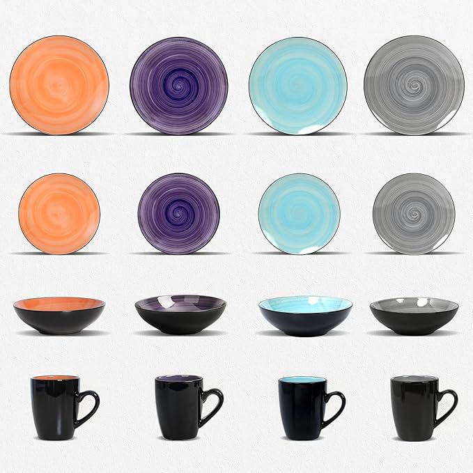 Sonoma 16 Piece Stoneware Dinner Set Samoa Outside Black + Inside Hand painted Combi Colors of Grey Orange Purple and Turquoise) with speckle