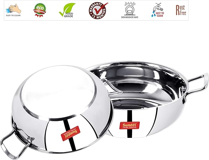 Sumeet Stainless Steel Encapsulated Bottom Induction and Gas Stove Friendly Kadhai - Set of 2 (Size No.11 and 12 1.5 L and 1.9 L)