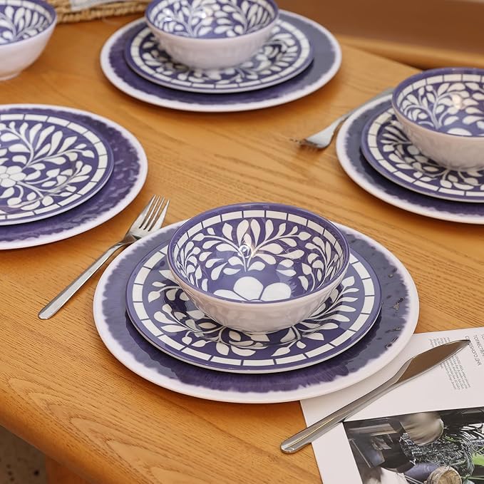 Melamine Dinnerware Set 12 Pieces Plates and Bowls Set Unbreakable Dish SetLightweightCampingDishwasher SafeService for 4 Blue-purple