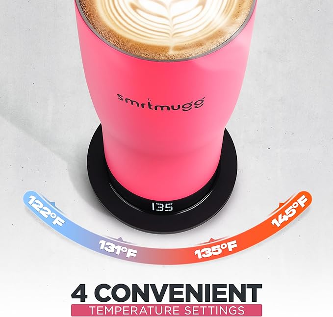 X Heated Coffee Mug 19 oz. 8 Hour Battery Life Self-Heating Adjustable Temp Controlled LCD Screen Includes Cover with Magnetic Slider (Pink)