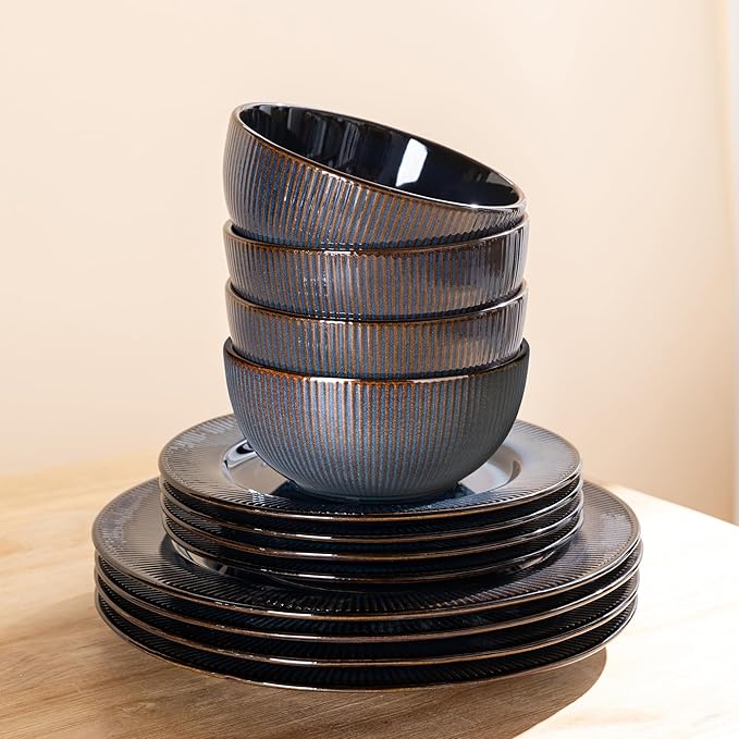 GBHOME Ceramic Dinnerware Sets12 pcs Embossed Elegant Stoneware Plates and Bowls Sets Housewarming Wedding Gift | Dishwasher &amp Microwave Safe | Dishes Set Service for 4