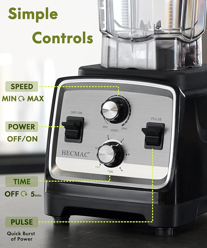 HECMAC 3-Peak HP Blender - 2200W Max/1400W Rated 68oz BPA-Free Pitcher Easy to Use Self-Clean Tamper - Smoothies Ice Crush Frozen Drinks Food Prep - Home &amp Commercial 110V