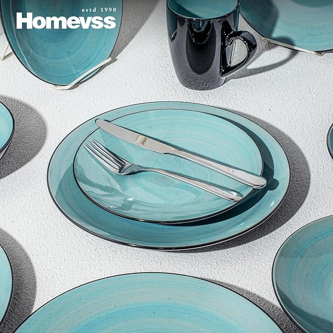 Sonoma 16 Piece Stoneware Dinner Set Outside Black + Inside Handpainted Color Turquoise with speckle