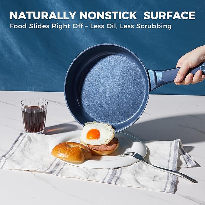 HONGBAKE 26 Pcs Pots and Pans Set Non Stick Non Toxic Ceramic Cooking Set With 10 Silicone Utensils Kitchen Induction Cookware &amp Bakeware Sets with Diamond Texture Pattern PFOA Free Blue