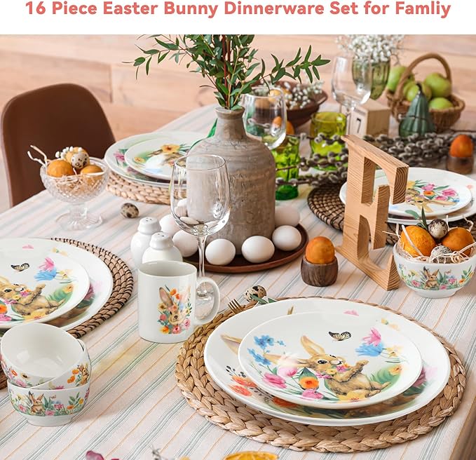Zhehao 16 Pcs Easter Bunny Dinnerware Set Ceramics Rabbit Dishware Include 10 Inch Dinner Plate 7 Inch Salad Plate 5 Cereal Bowl 16 oz Coffee Mug for Holiday Dinner Party Service for 4