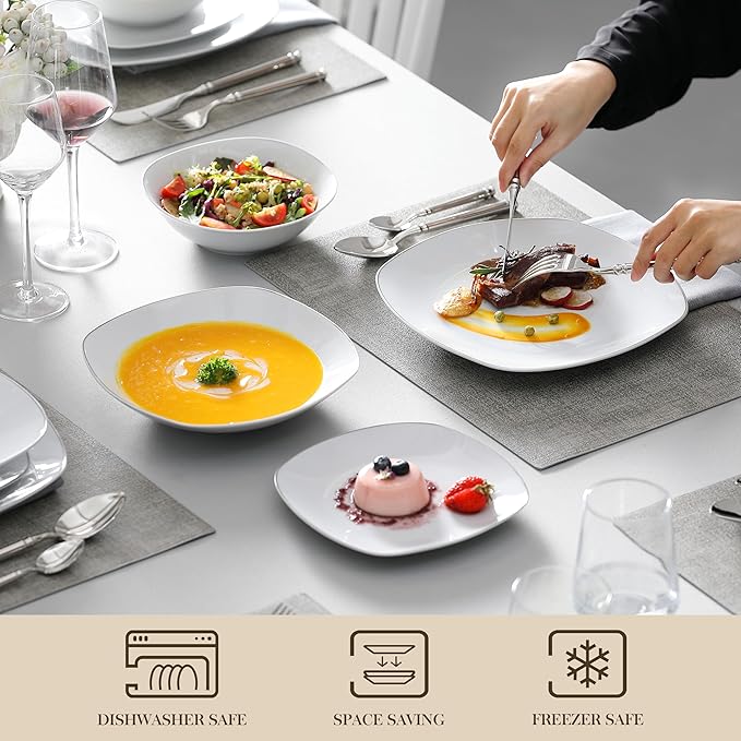 MALACASA Dinnerware Sets 24 Piece Porcelain Square Dishes White with Silver Rim Plates and Bowls Sets Ceramic Dish Set for 6 Chip Resistant Dishware Sets Series ELISA