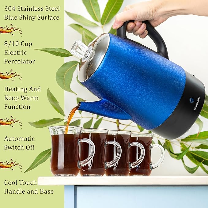 Mixpresso 10 Cup Percolator Coffee Pot Electric Stainless Steel Coffee Percolator Electric With Keep Warm Function Classic Perculator Pot With Removable Basket for Home or Office - Shiny Blue