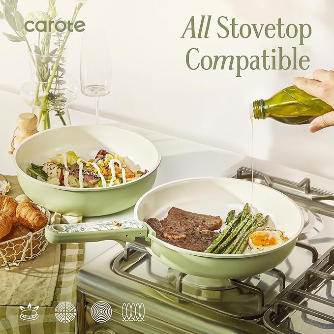 CAROTE 25-Piece Ceramic Cookware Set Nonstick Pots and Pans Set with Detachable Handle Non-Toxic Kitchen Cooking Set Dishwasher &amp Oven Safe Induction Compatible PFAS Free Green