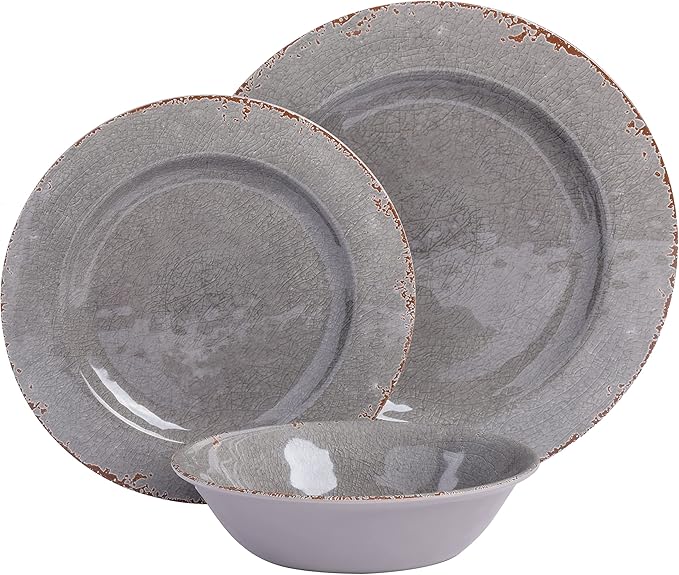 Gibson Home Mauna Melamine Plastic Dinnerware Set Service for 4 (12pcs) Grey Rustic