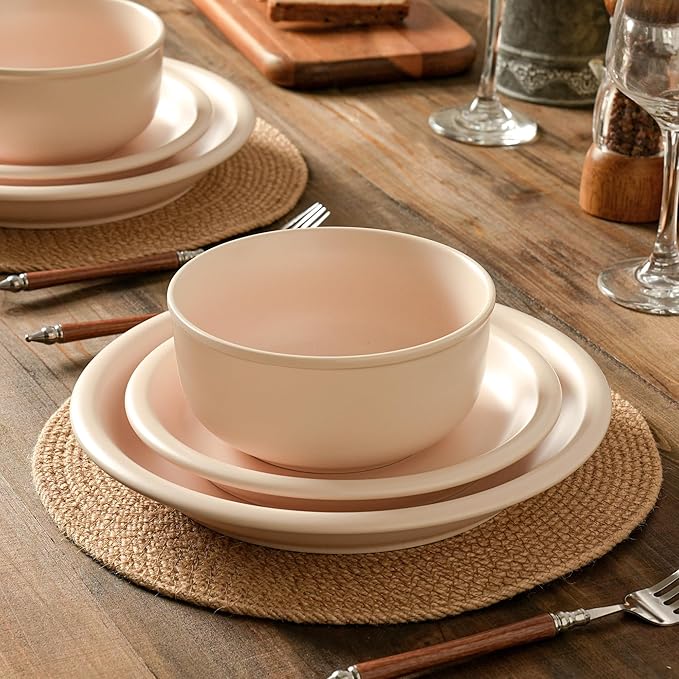 Plates and Bowls Sets 12 Piece Ceramic Stoneware Dinnerware Set for Family and Gatherings Dishes Set for 4 Dishwasher &amp Microwave Safe Handcrafted Dishware Sets Terracotta White