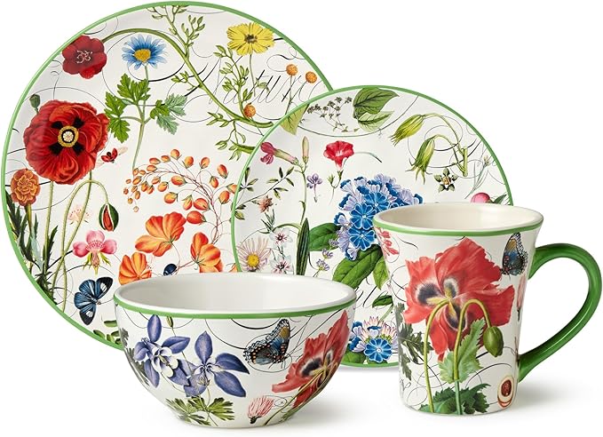 Greenhouse 16-Piece Dinnerware Set Service for 4 Botanical Patterns with Butterflies &amp Dragonflies Durable &amp Stylish Perfect for Brunches Family Dinners &amp Nature-Inspired Tablescapes