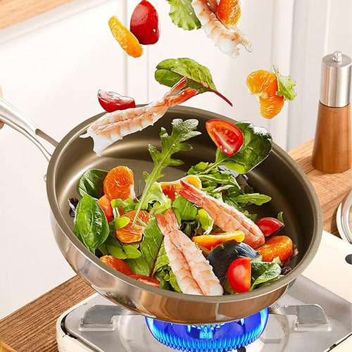 11 Inch Titanium-Infused 304 Stainless Steel Frying Pan with Glass Lid Low-Smoke Non-Stick Skillet Wear-Resistant &amp All Cooktop Compatible Durable Cooking Pan for Home Kitchen