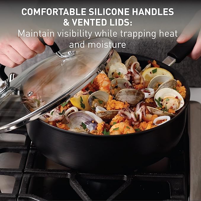 T-fal Ultimate Hard Anodized Nonstick Cookware Set 12 Piece Oven Broiler Safe 400F Lid Safe 350F Kitchen Cooking Set w/Fry Pans Saucepans Dutch Oven Pots and Pans Dishwasher Safe Black