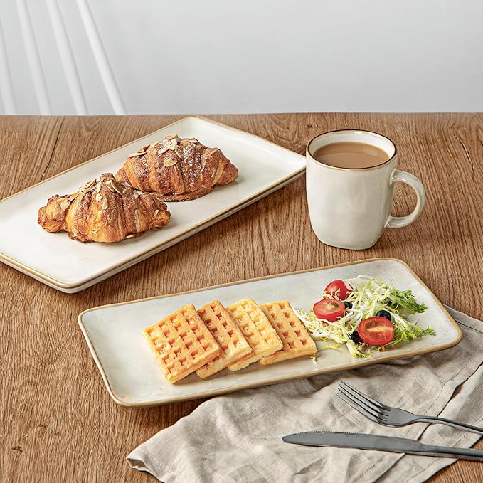 Famiware Plates and Bowls Sets + 3 Pcs Rectangular Serving Platter 15-Piece Dinnerware Sets for 4 White