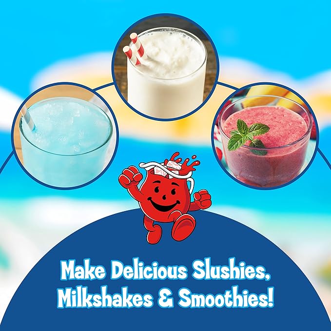 Nostalgia Kool-Aid Slush ‘N Go Personal Blender for Smoothies Slushies Shakes and Fruit Blends Includes Two 15 Oz Travel Bottles Cup Lid and Reusable Straw Blue