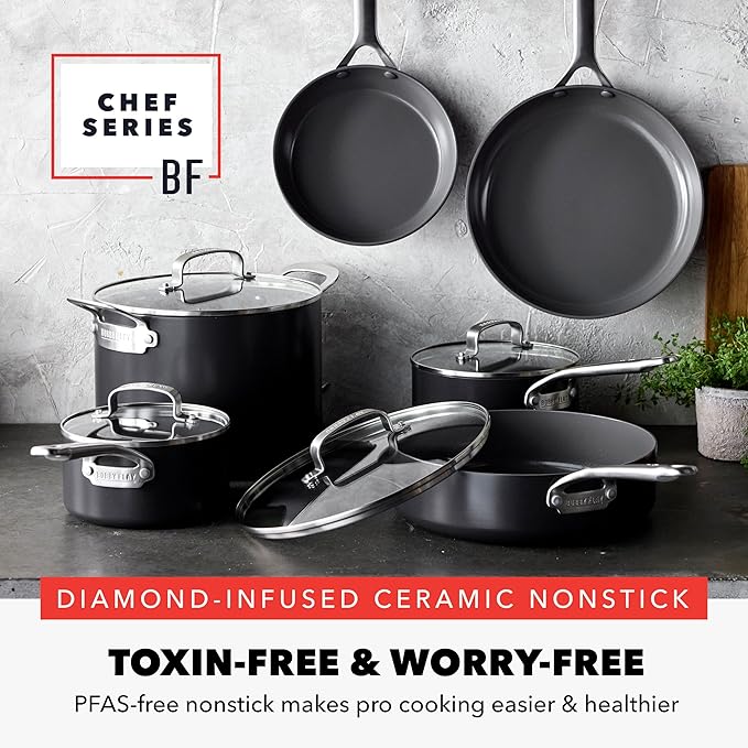 GreenPan x Bobby Flay Hard Anodized Nonstick 10 Piece Cookware Set PFAS-Free Ceramic Pots &amp Pans Induction Suitable Frypans Saucepans Saute Stockpot Glass Lids Dishwasher &amp Oven Safe B