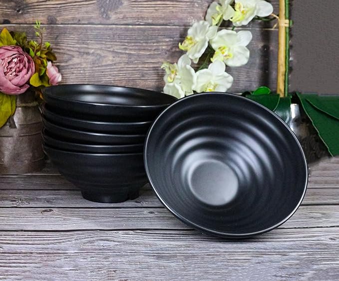 Ebros Gift Contemporary Ridged Matte Black Melamine Series Dinnerware Serveware Kitchenware Set Japanese Chinese Restaurant Supply (Pack Of 6 Round Ramen Soup Pasta Salad Bowls 40oz)