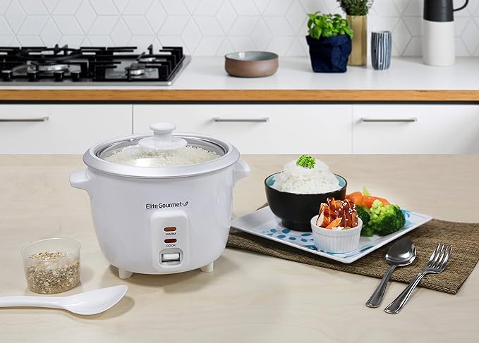 Elite Gourmet Elite Cuisine ERC006 Electric Rice Cooker with Automatic Keep Warm Makes Soups Stews Grains Hot Cereals White 6 Cups Cooked (3 Cups Uncooked)