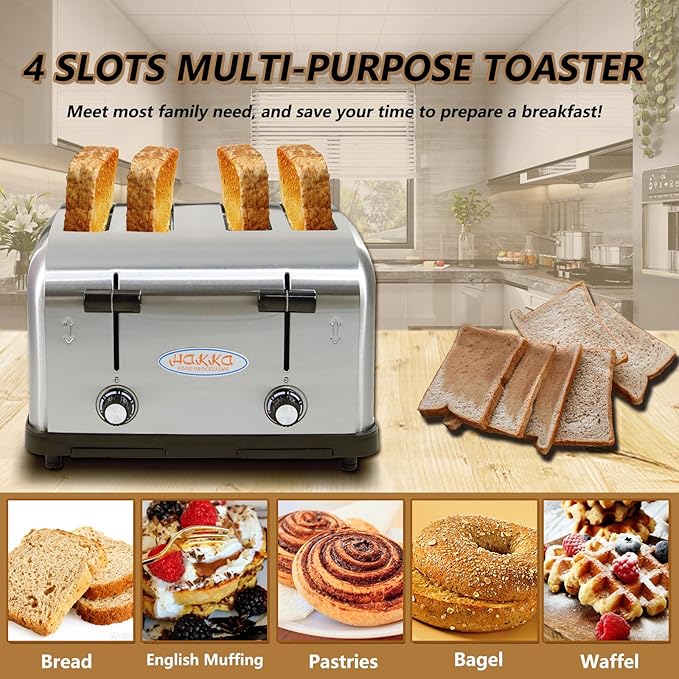 CLIVIA 4 Slice Toaster Commercial Toaster for Restaurant Hamburger Bread Bagels Heating Oven Automatic Pop-Up with Extra Wide 4 Slots 6 Browning Levels 1800W 110V