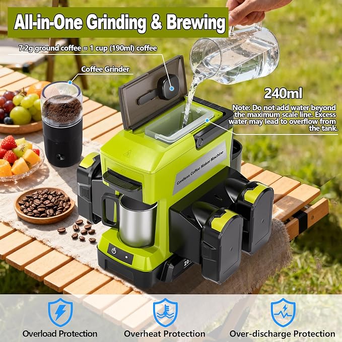 Taingwei Cordless Coffee Maker for Ryobi 18V Battery Portable Drip Coffee Maker with Electric Coffee Grinder for RV Camping Travel Car Hiking (Battery Not Included)