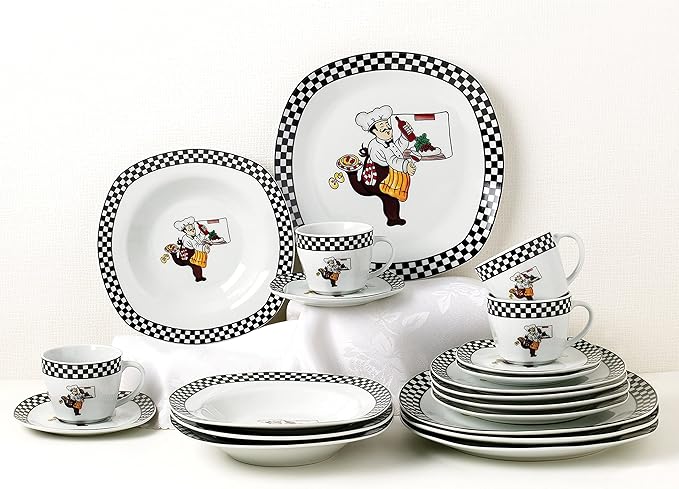 Unknown1 Porcelain 20 Piece Square Dinnerware Set Service for 4-Chef Design White Banded Casual Dishwasher Safe Microwave