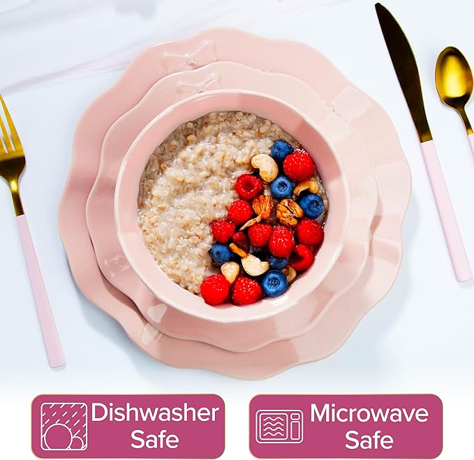 Paris Hilton 12-Piece Dinnerware Set Embossed Bow Design Iconic Ceramic Stoneware Service for 4 with Dinner Plates Salad Plates and Bowls Microwave &amp Dishwasher Safe Pink