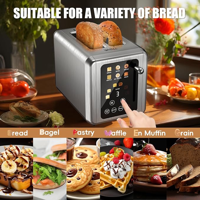 WHALL® Touch Screen Toaster 2 Slice Stainless Steel Digital Timer Toaster 6 Bread Types &amp 6 Shade Settings Smart Extra Wide Slots Toasters With Bagel Cancel Defrost Functions