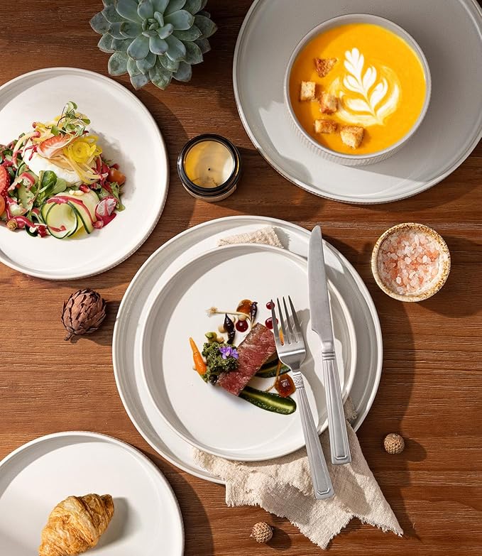 GBHOME Stoneware Dinnerware Sets for 4 12 Pieces Ceramic Ribbed Plates and Bowls Set Reactive Glaze Stackable Plate Sets Scratch Resistant Dishes Microwave &amp Dishwasher Safe Antique Cream