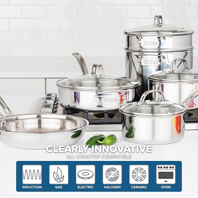Viking ProClad 3-Ply Stainless Steel 11-Piece Cookware Set with Vented Glass Lids Fry Pans Saucepans Saute Pan Stock Pot with Strainer Insert Oven Safe up to 600F