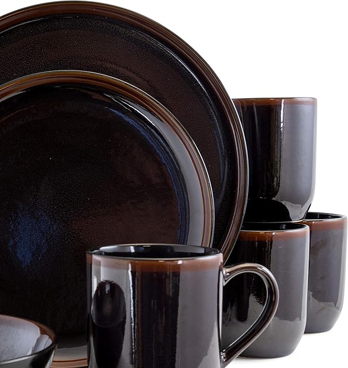 16 Piece Round Stoneware Dinnerware Set in Metallic Black Complete Tableware Service for 4