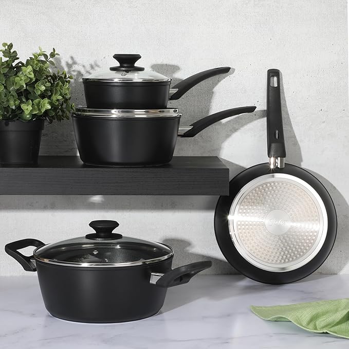 Oster Connelly 7 Piece Aluminum Premium Nonstick Pots and Pans Cookware Set W/Induction &amp Bakelite Stay Cool Handle - Black