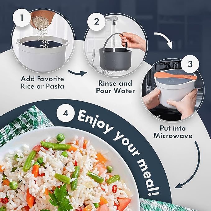 Microwave Rice Cooker Set 2L Rice Steaming Pot Microwave Cooker Microwave Rice Steamer Vegetable Steamer Rice Maker Set with Spoon Lid Strainer