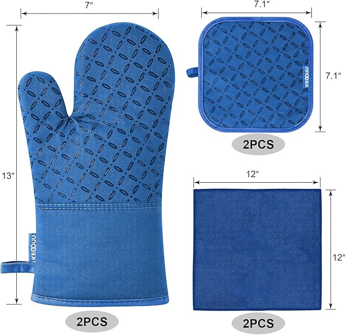KEGOUU Oven Mitts and Pot Holders 6pcs Set Kitchen Oven Glove High Heat Resistant 500 Degree Extra Long Oven Mitts and Potholder with Non-Slip Silicone Surface for Cooking (Royal Blue)