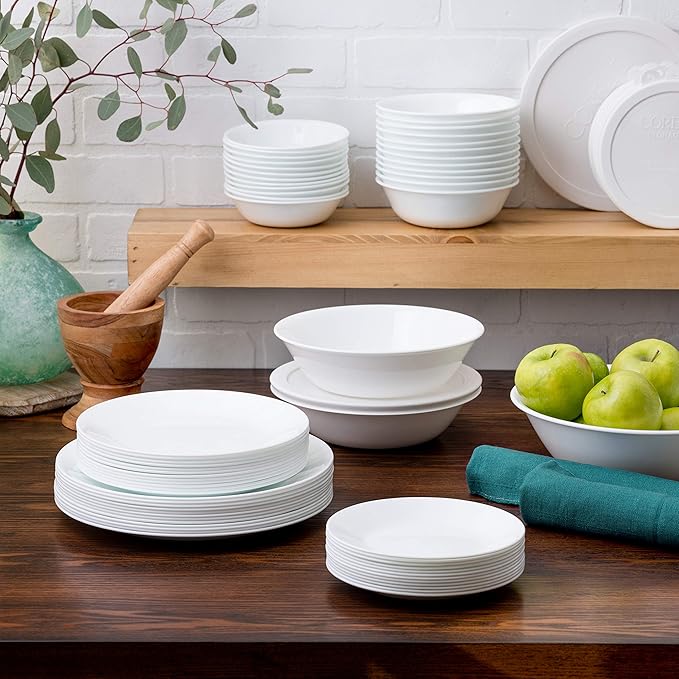 Corelle Vitrelle 78-Piece Service for 12 Dinnerware Set Triple Layer Glass and Chip Resistant Lightweight Round Plates and Bowls Set Winter Frost White