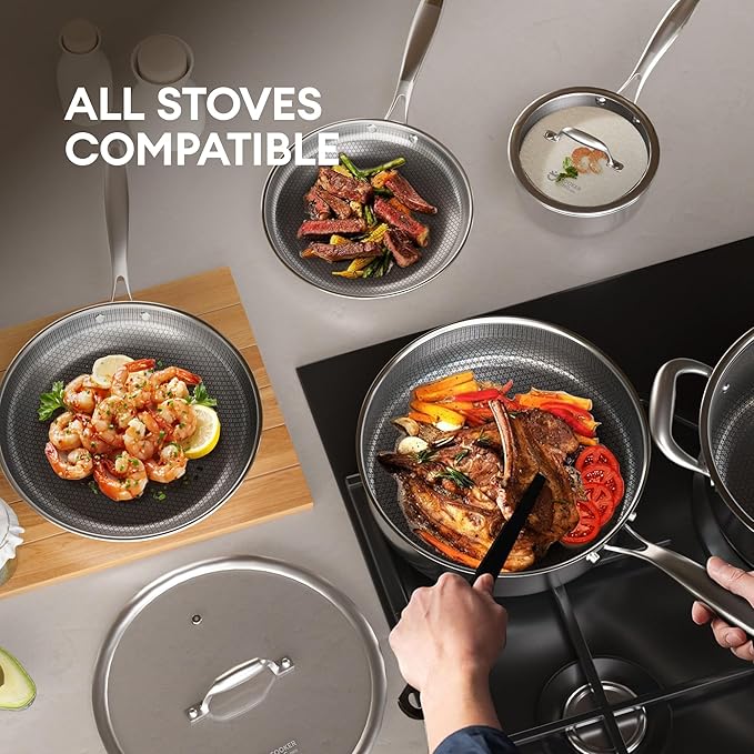 COOKER KING Stainless Steel 10pcs Cookware Set Pots and Pans Set with Lids Frying Pans Saucepans Saute Pan &amp Stock Pot Non Stick Non Toxic Induction Oven Dishwasher Safe Stay-Cool Handle