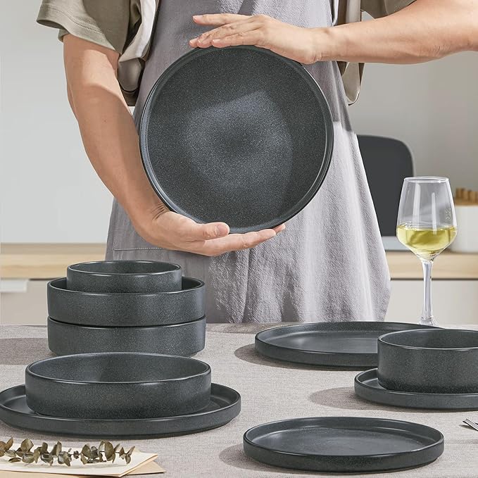 Herogo 16 Piece Plates and Bowls Set Ceramic Dinnerware Sets with Pasta Bowls Kitchen Dinner Ware Dishes Service for 4 Chip &amp Scratch Resistant Dishware Dark Gray
