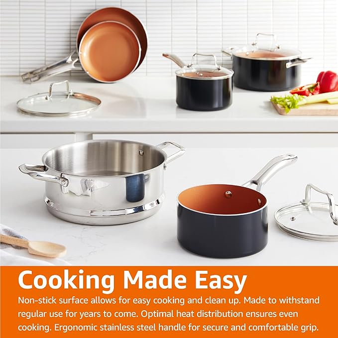 Amazon Basics Ceramic Nonstick Cookware Set Induction Ready Dishwasher &amp Oven Safe Even Heating 10-Piece Set with Frying Pans Saucepans Glass Lids Copper Color