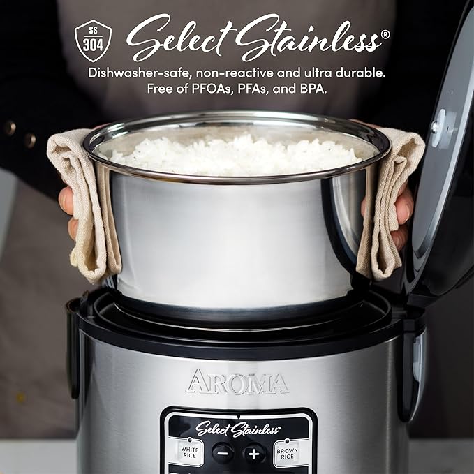 AROMA® Select Stainless® Rice Cooker 4-Cup (Uncooked) / 8-Cup (Cooked) Stainless Steel Inner Pot Multicooker Steamer 2 Qt Stainless Steel ARC-914SBDS