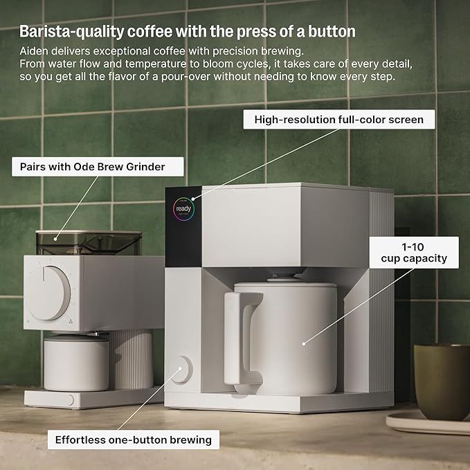 Fellow Aiden Precision Coffee Maker - 10-Cup Thermal Carafe Built-In Brewing Guidance Scheduling Removable Water Tank Matte White