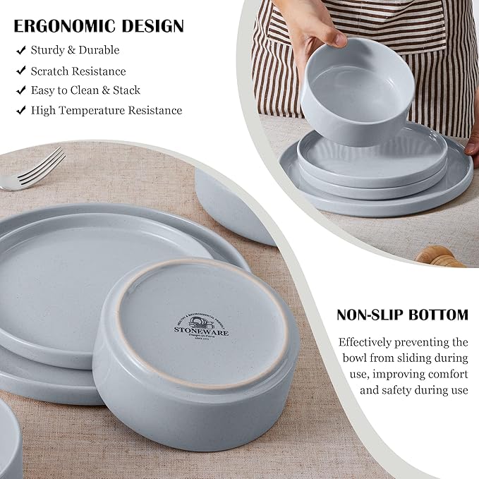 E-far Dinnerware Sets for 8 24-Piece Stoneware Plates and Bowls Dish Set Modern Kitchen Dinning Dishware Chip and Scratch Resistant Microwave &amp Dishwasher Safe Speckled Gray