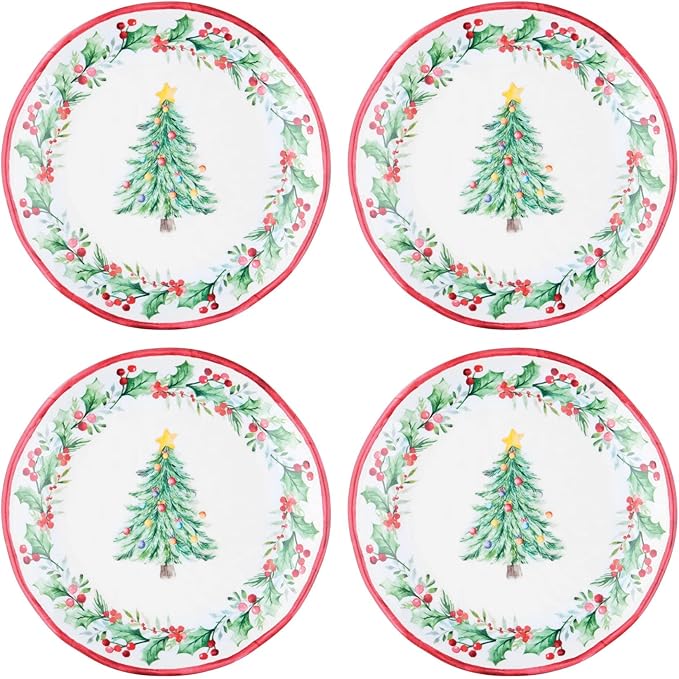 UPware 16 Piece Christmas Tree Melamine Dinnerware Sets Outdoor Dishes Set Plates and Bowls Sets Christmas Decorations Service for 4 Red
