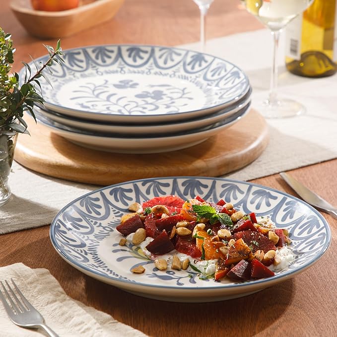 Bloomhouse - 2-Time Oprah’s Favorite Things - Valencia Flor 4 Piece 10.75” Dinner Plate Set Stoneware Plates Mediterranean Floral Decal Design Microwave &amp Dishwasher Safe Iris Blue