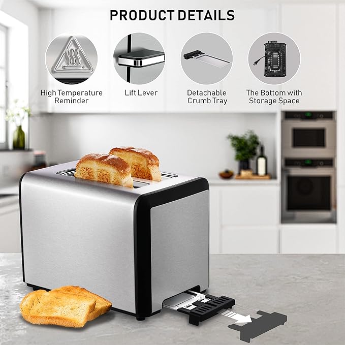 Toaster 2 Slice Wide Slot Stainless Steel Toaster with 6 Browning Levels Reheat &amp Defrost for Bagel Toast Bread Kitchen Essentials Removable Crumb Tray (sliver)