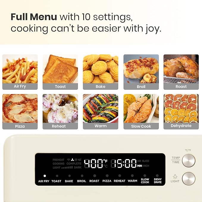 VAL CUCINA Retro Style Infrared Heating Air Fryer Toaster Oven Extra Large Countertop Convection Oven 10-in-1 Combo 6-Slice Toast Enamel Baking Pan Easy Clean with Recipe Book Almond Yellow Color