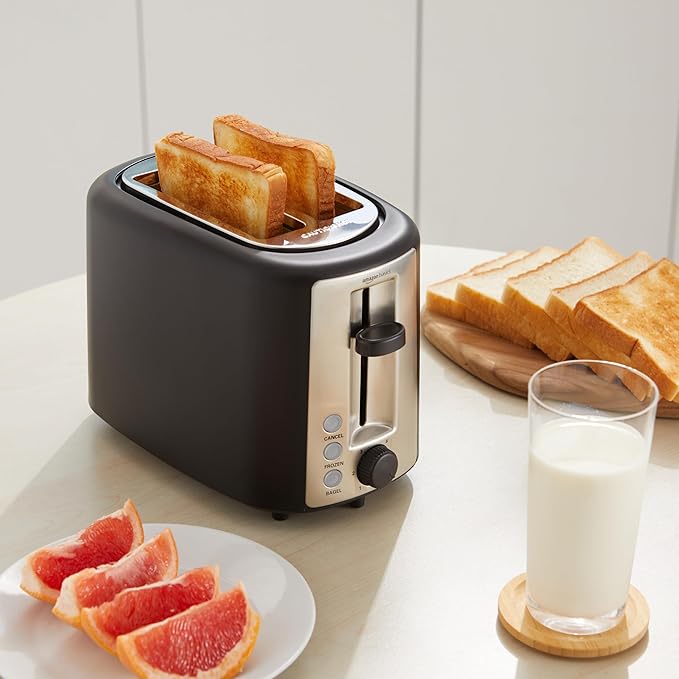 Amazon Basics 2 Slice Toaster Extra Wide Slots for Bagels 6 Browning Settings Removable Crumb Tray Defrost/Cancel/Bagel Buttons Cord Wrap 900W Black &amp Silver