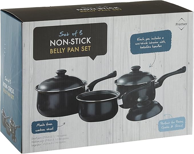 Premier Housewares Black Non stick Steel Cookware Set of Pans and Pots for Cooking in Kitchen Stainless Steel Kitchen Set Stainless Steel 3 Pieces