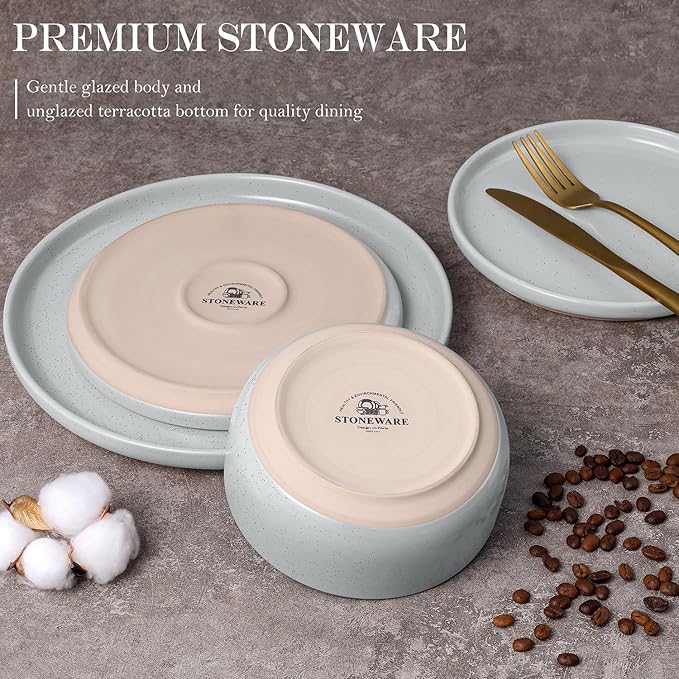 Vesteel 12-Piece Dinnerware set Ceramic Plates and Bowls set with Makeup Clay for 4 Speckled Stoneware Dishes Set for Family Microwave &amp Dishwasher Safe - Light Gray