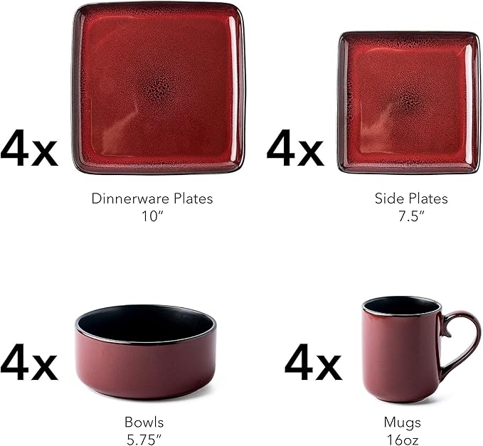 FLACKAR Square Stoneware 16pc Dinnerware Set for 4 Dinner Plates Side Plates Cereal Bowls Mugs - Reactive Glaze Red (485450)