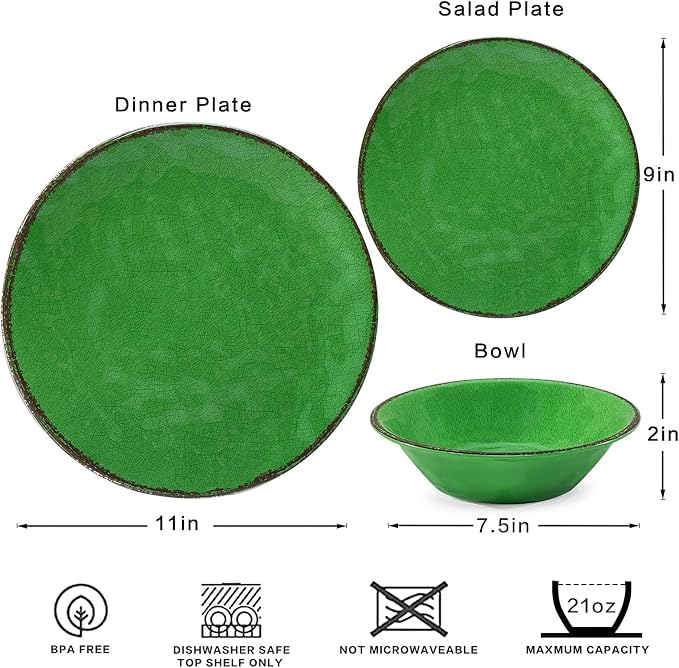 LEHAHA Vintage Crackle Melamine Dinnerware Sets 12 Piece Plates and Bowls Sets Great for Camping RV. Durable and Chip Resistant Farmhouse Dishes Set Service for 4(Green)