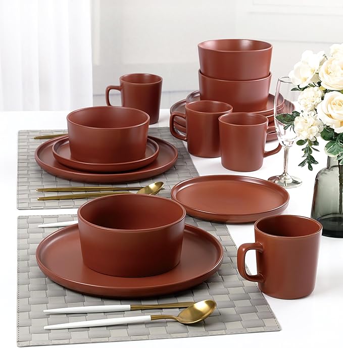 Lorren Home Trends Red Stoneware Dinnerware Set 16 Piece Service for 4 Microwave and Dishwasher Safe